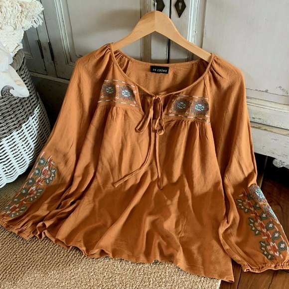 Plus Size Embroidered Long Sleeve Mustard Blouse - Picture 4 of 8